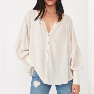 Free People Cream Button-Front Balloon Sleeve Top